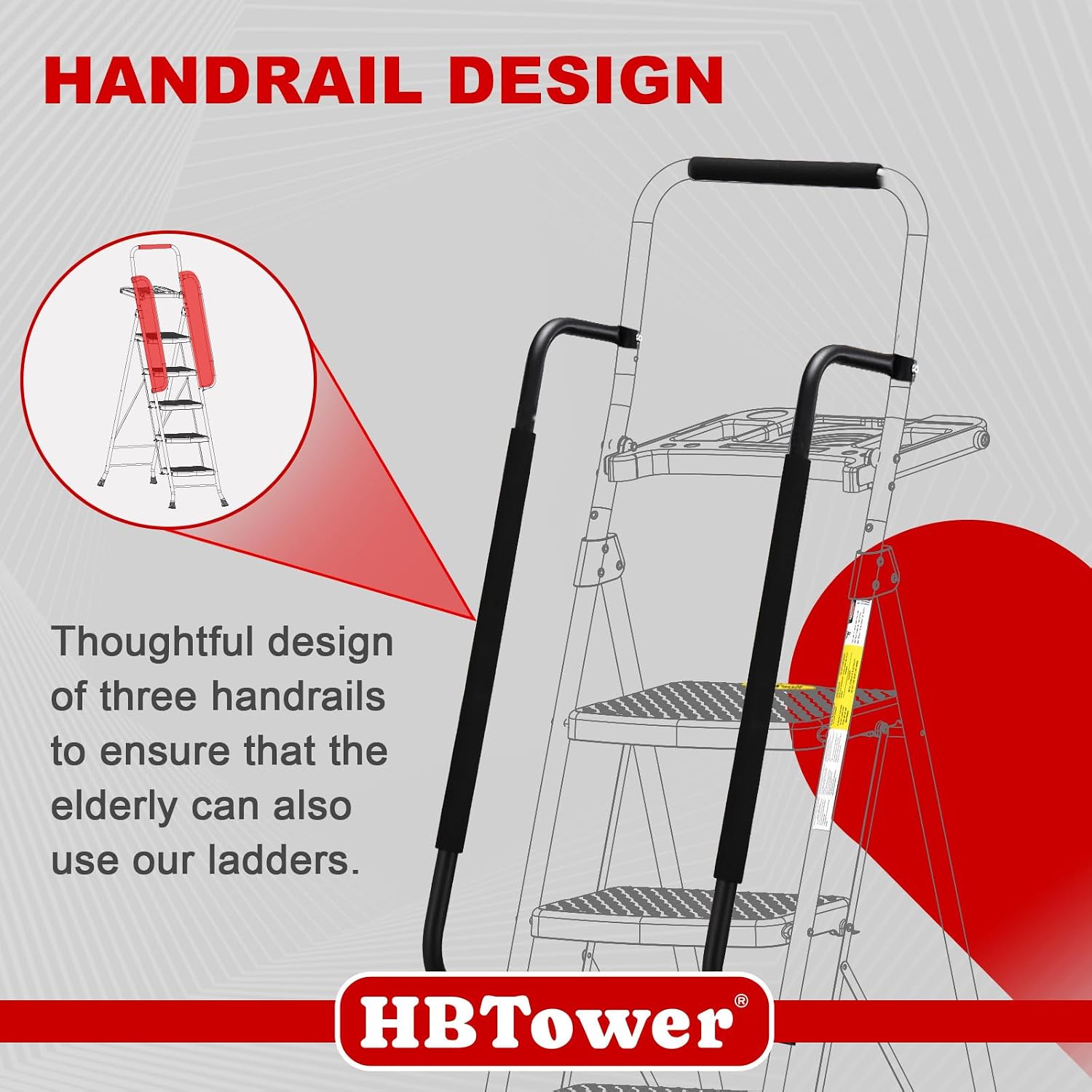 Detalle de HBTower Folding Step Ladder with Wide Non-Slip Pedals and Tool Tray