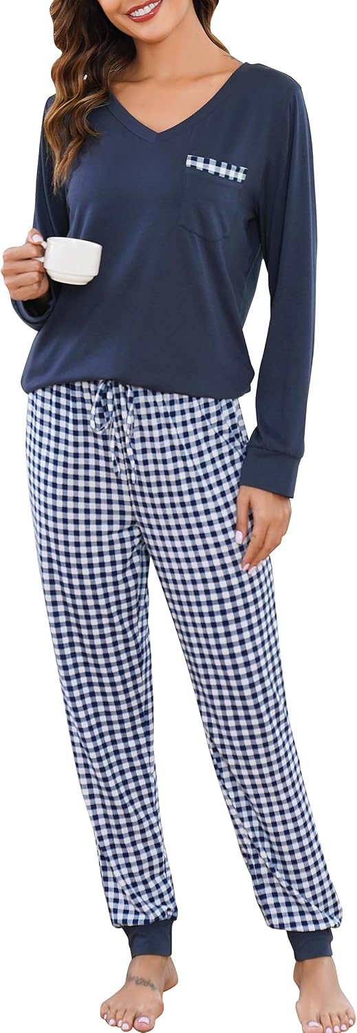 Thumbnail 6 de Vlazom Damen Schlafanzug Lang Pyjama-Set mit V-Ausschnitt