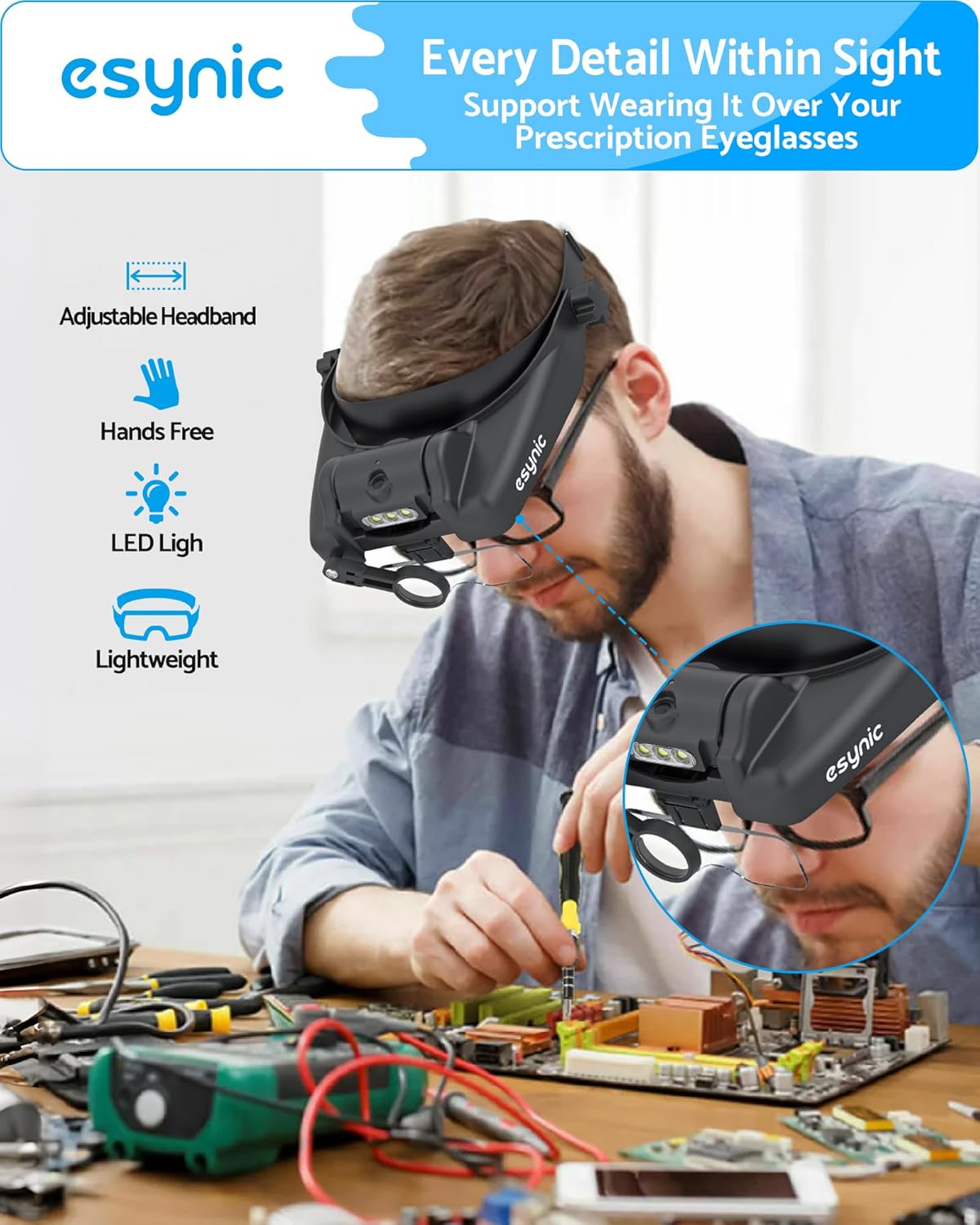 Thumbnail 1 de eSynic Headband Magnifier Professional 1X to 14X with Light (5 Detachable Lenses, Rechargeable, 3 LEDs)
