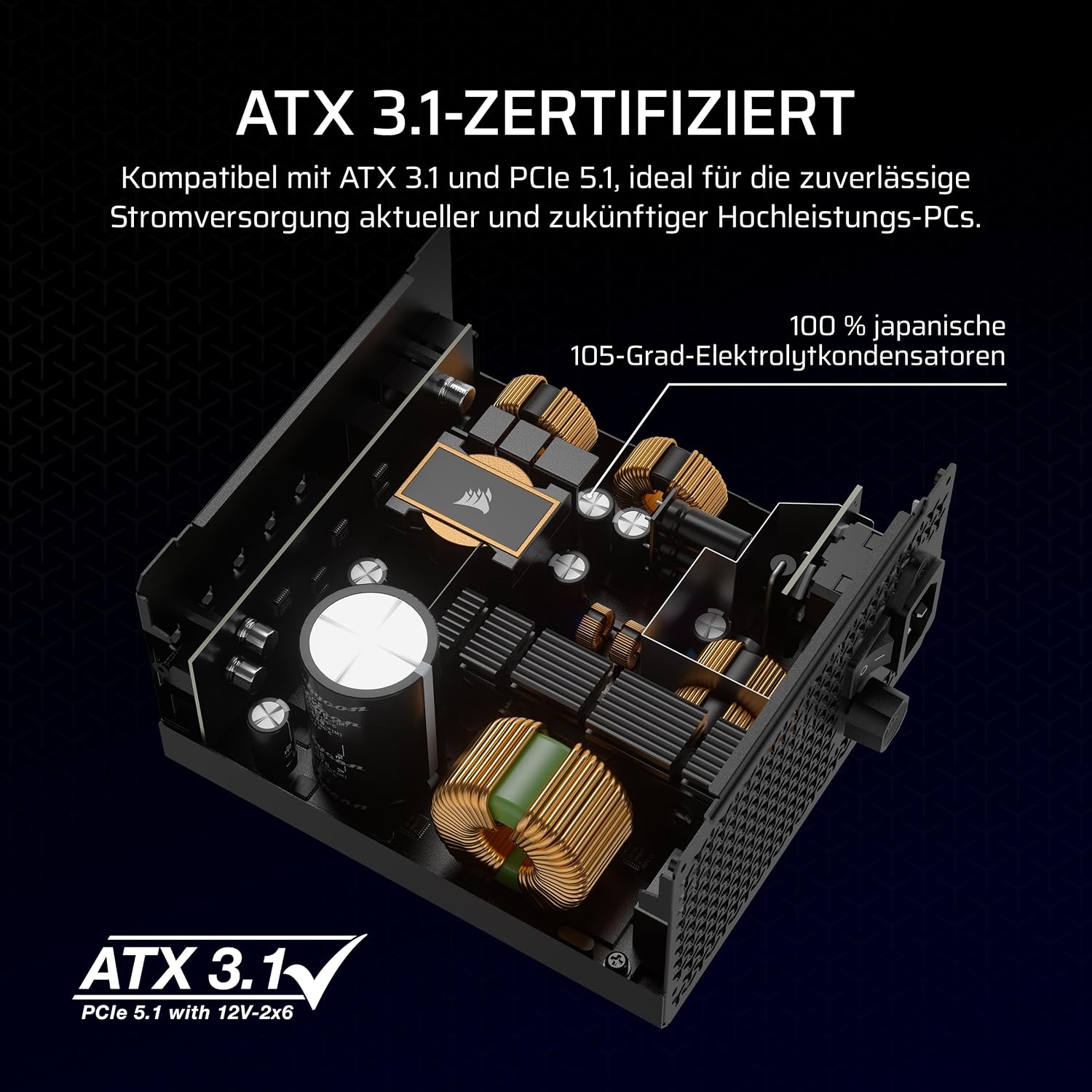 Detalle de CORSAIR RM750x (ATX 3.1) 750 W modulares Netzteil mit Zero-RPM-Modus, Native 12V-2x6 und Cybenetics Gold