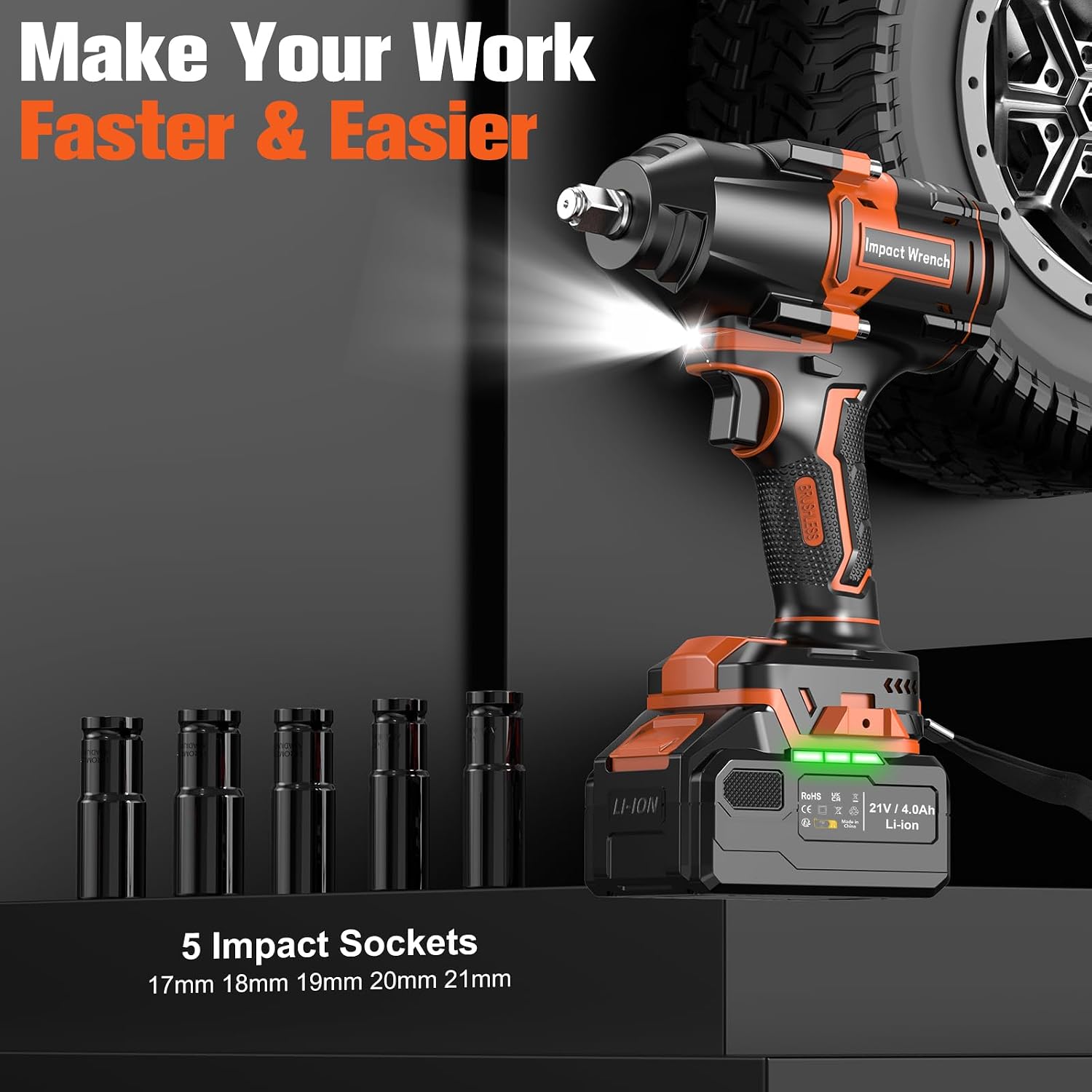 Detalle de AKZWOXRO Cordless Impact Wrench 1/2" Brushless Power Impact Gun (21V) with Battery, Fast Charger & 5 Sockets