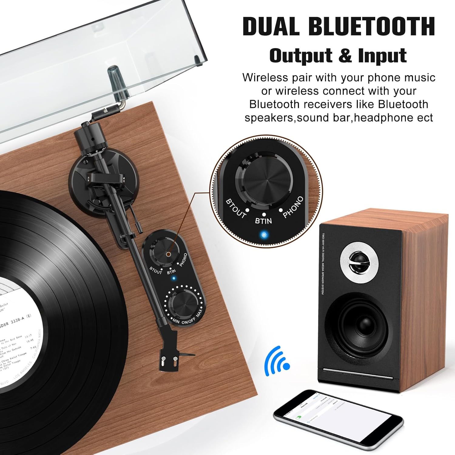 Thumbnail 5 de Udreamer Platine Vinyle Système Hi‑Fi avec Enceintes d'étagère 40 W — plateau aluminium, Bluetooth, 2 vitesses