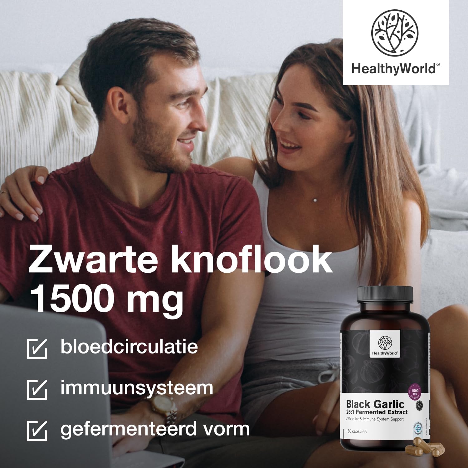 Detalle de HealthyWorld Zwarte knoflook 1500 mg, 180 capsules, extract 25:1