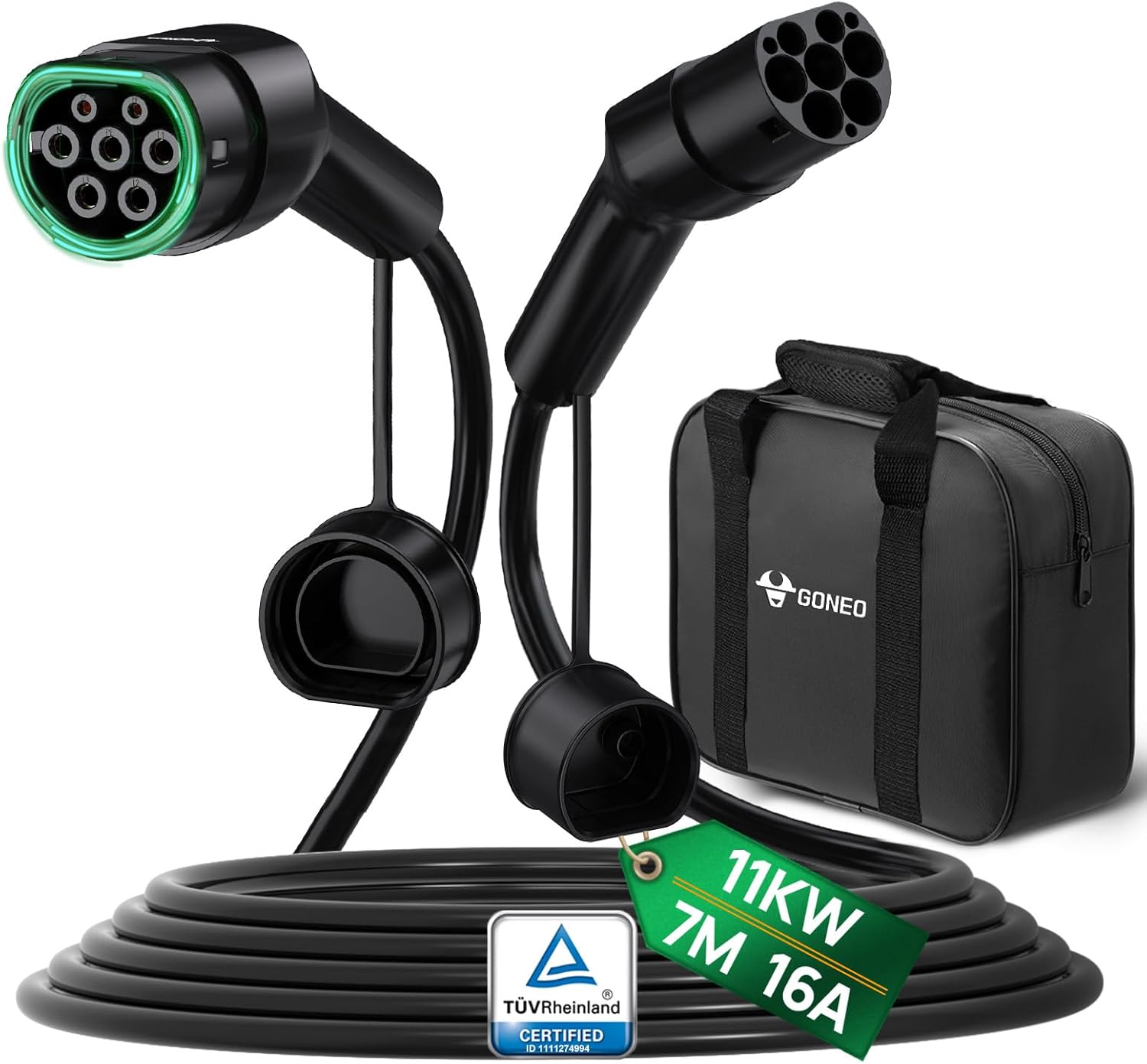 GONEO cavo di ricarica Tipo 2 11 kW, 7 m e 16 A per auto elettriche trifase (EV/PHEV) con borsa