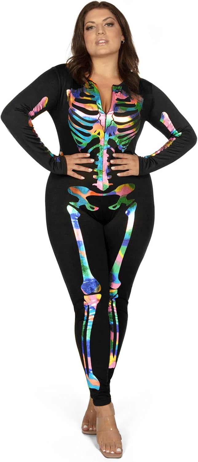 Detalle 1 de Tipsy Elves TE-HWBS01 Skeleton Bodysuit for Women, Iridescent Front-and-Back Print