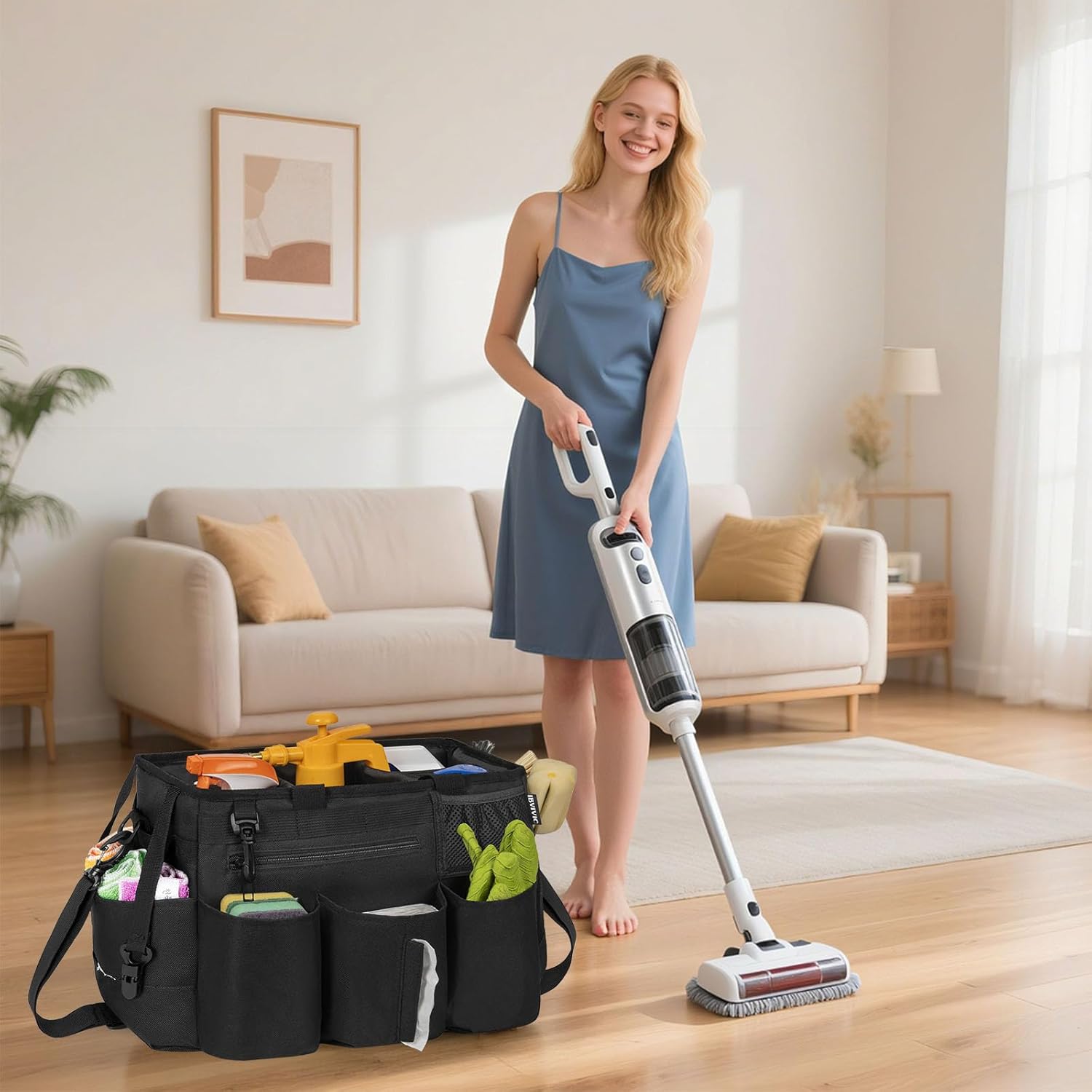 Thumbnail 6 de OUUTMEE Sac de Nettoyage avec Séparateurs Amovibles – Organisateur Portable 20 x 38 x 26 cm, Noir (Grande)