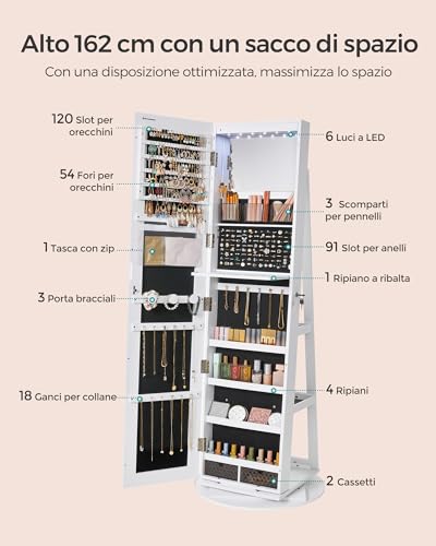 Detalle 1 de SONGMICS BERIT JJC007W01 specchio portagioie girevole con LED e serratura