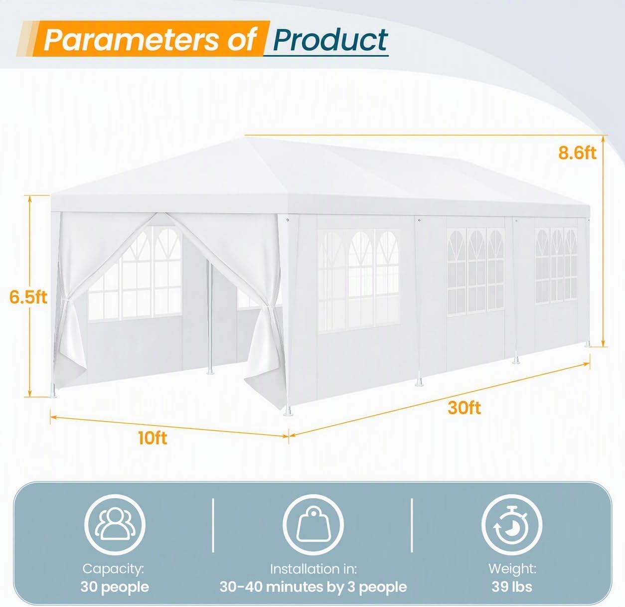 Detalle de Tooluck Party Tent 10x30FT Waterproof Canopy with 8 Removable Sidewalls