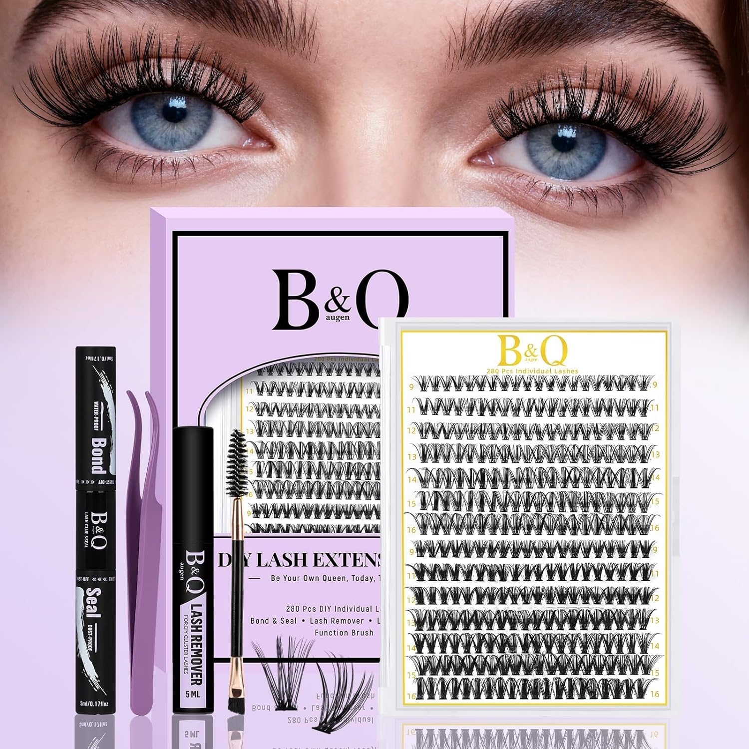 Detalle de B&Q Lash Clusters Kit 280PCS Eyelash Clusters Kit, 30D-40D, DIY Home Extensions