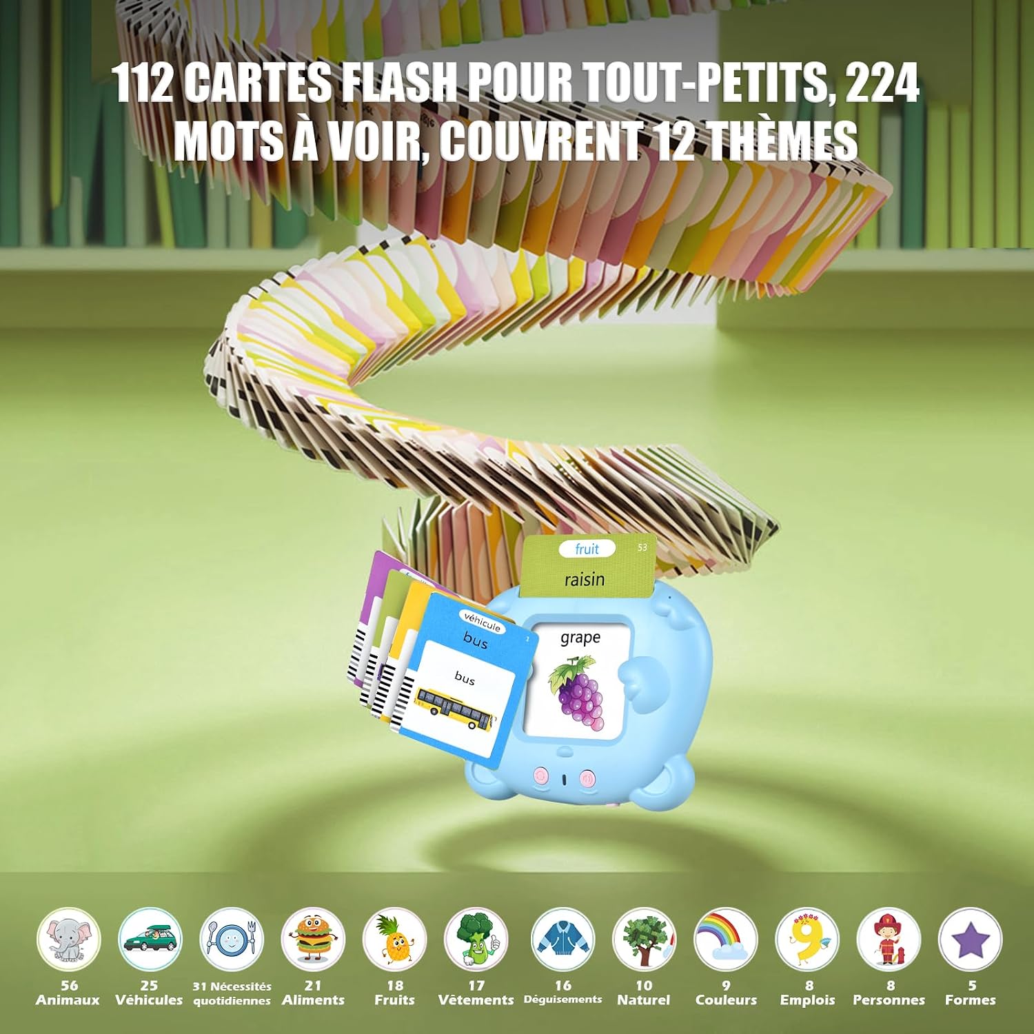 Detalle de Cartes Flash Parlantes Montessori – 112 cartes, 224 mots, bilingue FR/EN (Bleu) – Jeu éducatif sans écran