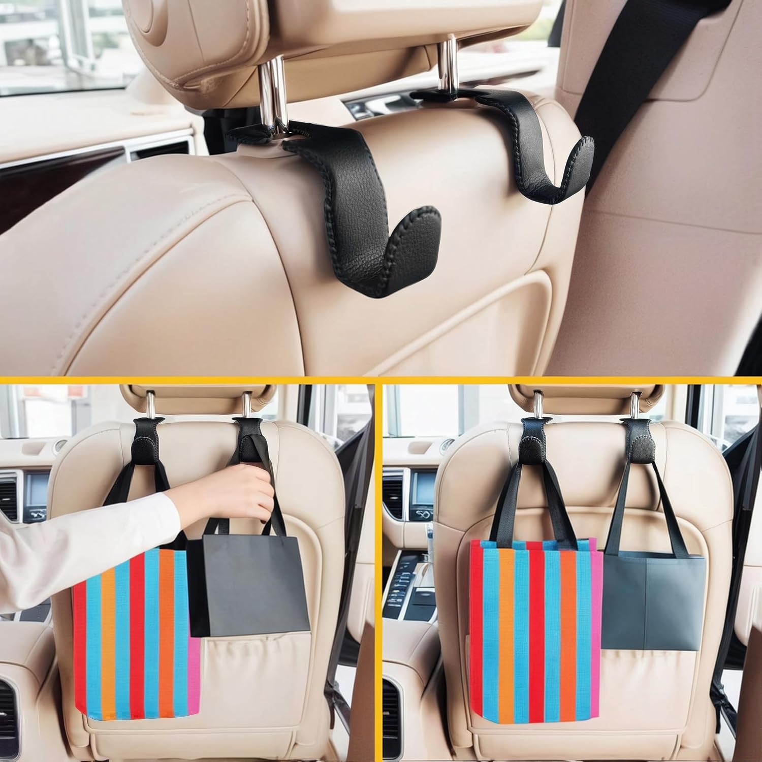 Detalle de EldHus Headrest Hooks for Purses and Bags (2 Pack) – Leather-Wrapped Metal Car Seat Hooks
