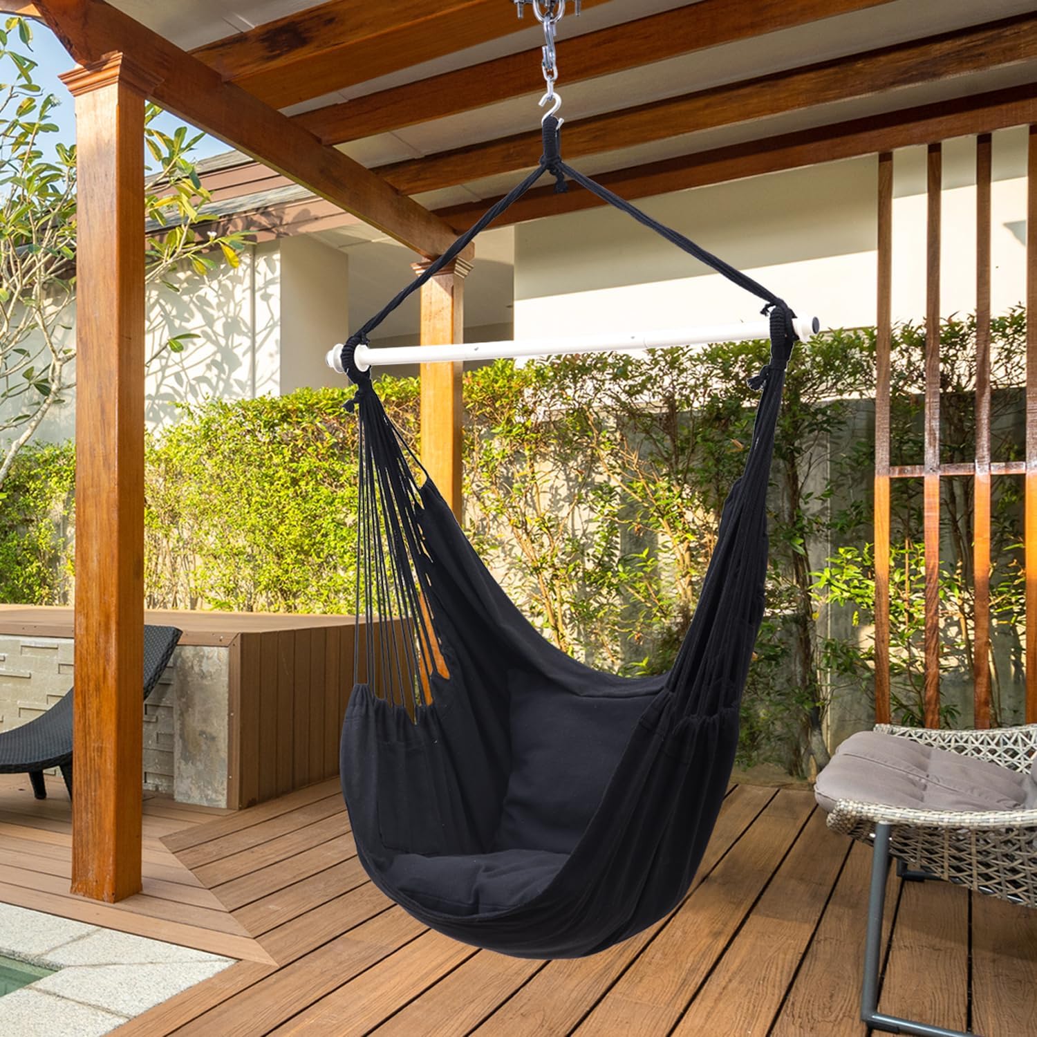 Thumbnail 3 de Ohuhu Hängesessel mit 2 Kissen und Deckenhaken-Kit – Outdoor XL bis 150 kg, Indoor/Outdoor, Schwarz