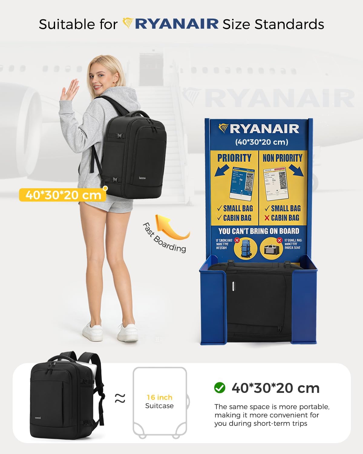 Thumbnail 1 de Lekespring Reiserucksack für Ryanair Handgepäck 40x30x20 – 24 L, 6 Packwürfel, 16-Zoll Laptopfach, wasserspritzfest