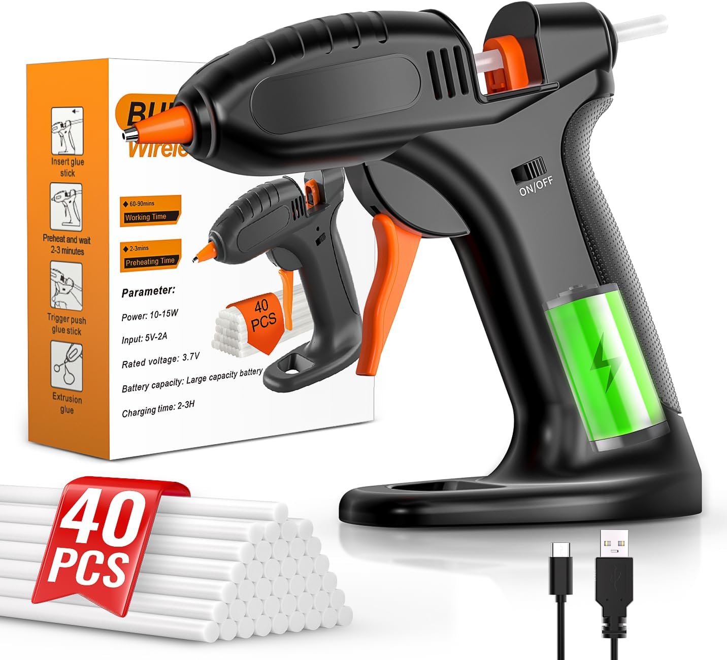 Detalle de BURNNOVE Pistola per Colla a Caldo Senza Fili: 3000mAh, USB-C e 40 bastoncini 7×150mm per bricolage
