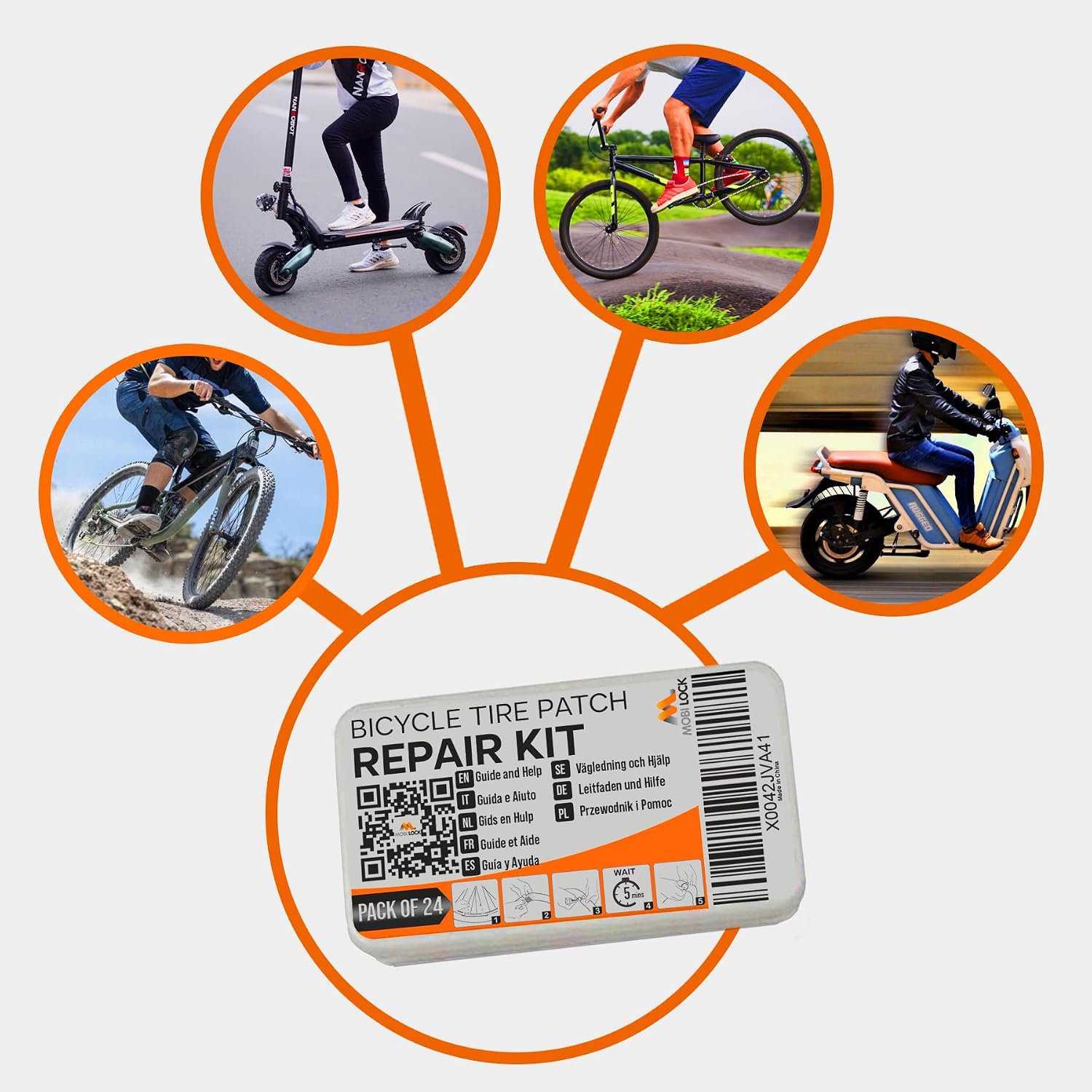 Detalle 2 de 24 pièces Kit Rustine Vélo par Mobi Lock – Kit de réparation de Chambre à air