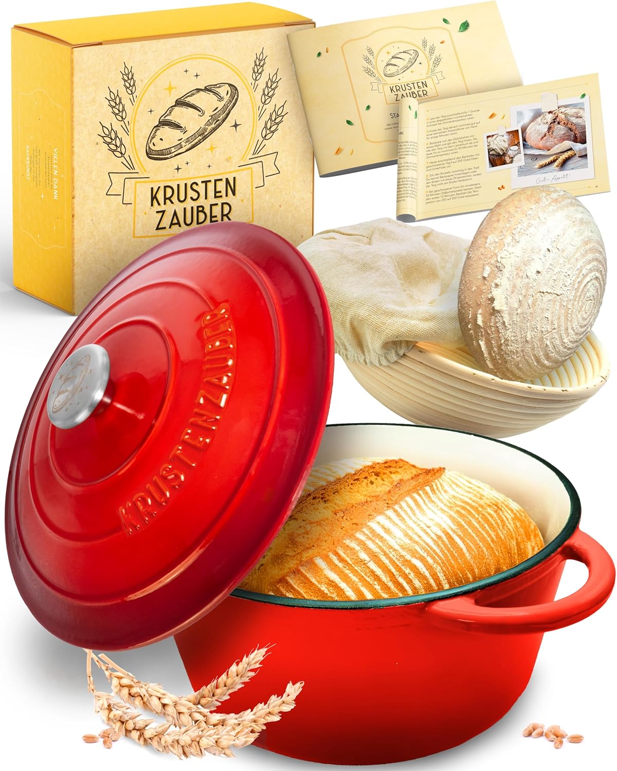 KRUSTENZAUBER Gusseisen Topf 26 cm inkl. Gärkorb – Emaille Brotbacktopf zum Brotbacken