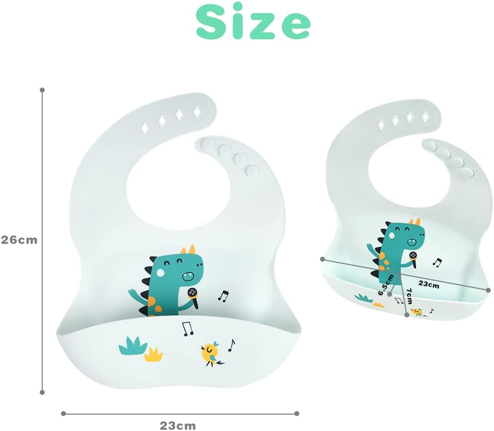 Thumbnail 1 de Vicloon Bavaglini 3D Silicone, 2PCS – Impermeabili, senza BPA, con tasca raccoglipappa e 4 strap regolabili (dinosauro e escavatore)