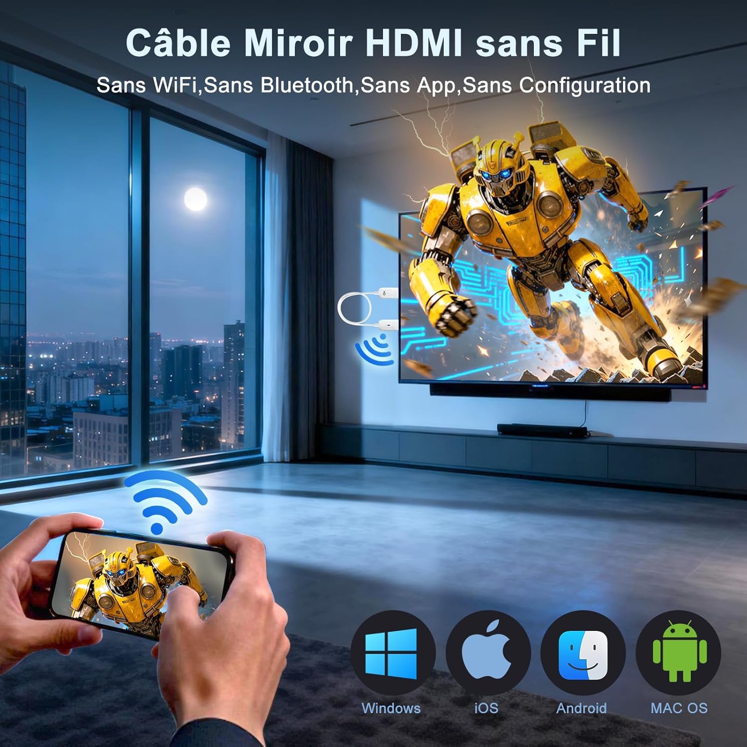 Detalle de FEINODI Récepteur miroir HDMI sans fil compatible Miracast et AirPlay pour iPhone, iPad, Android, PC/TV