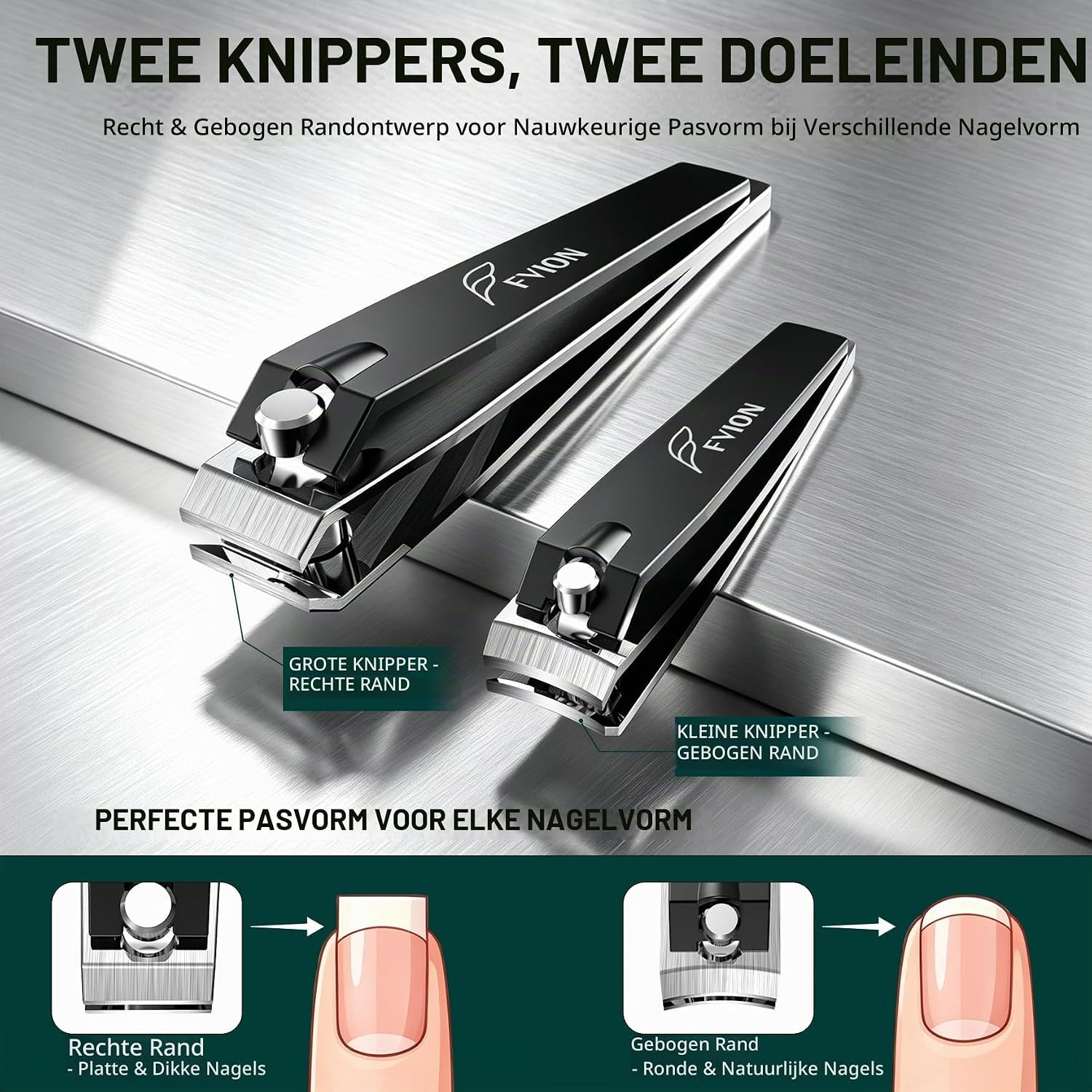 Detalle de FVION BZ-STC-N0538-BK nagelknipperset van roestvrij staal, 2 stuks