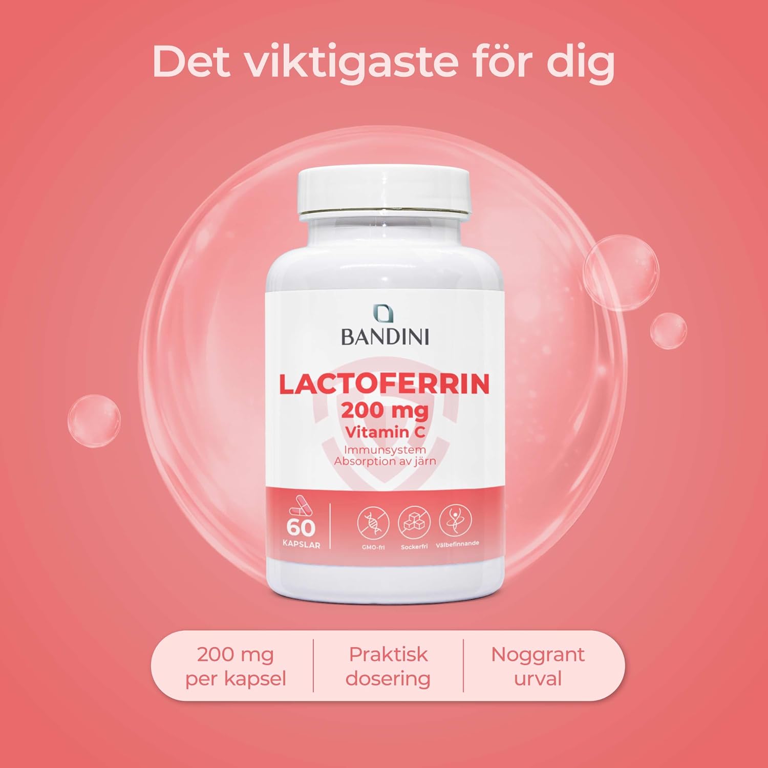 Detalle de BANDINI Lactoferrin 200, 60 kapslar med 200 mg laktoferrin och C-vitamin