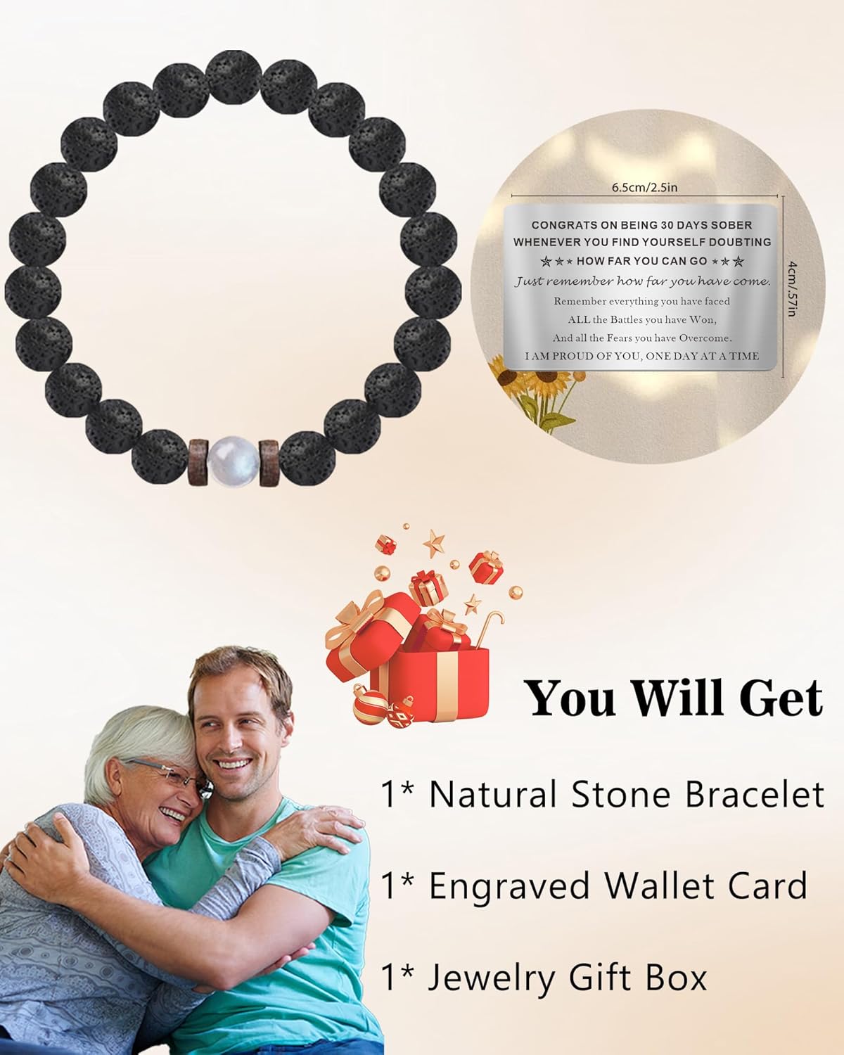 Thumbnail 4 de TOLOWOBK Moonstone & Lava Rock Sobriety Bracelet with 316L Wallet Card Gift Box