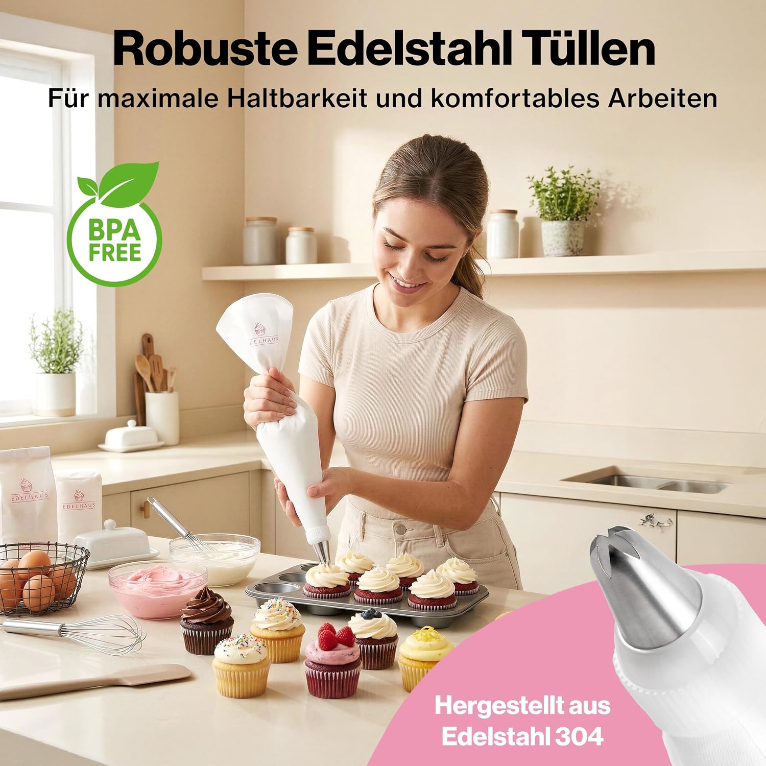Detalle de EDELHAUS Premium Spritzbeutel-Set 2-teilig (17-teilig) mit Edelstahldüsen, 30 cm & 40 cm