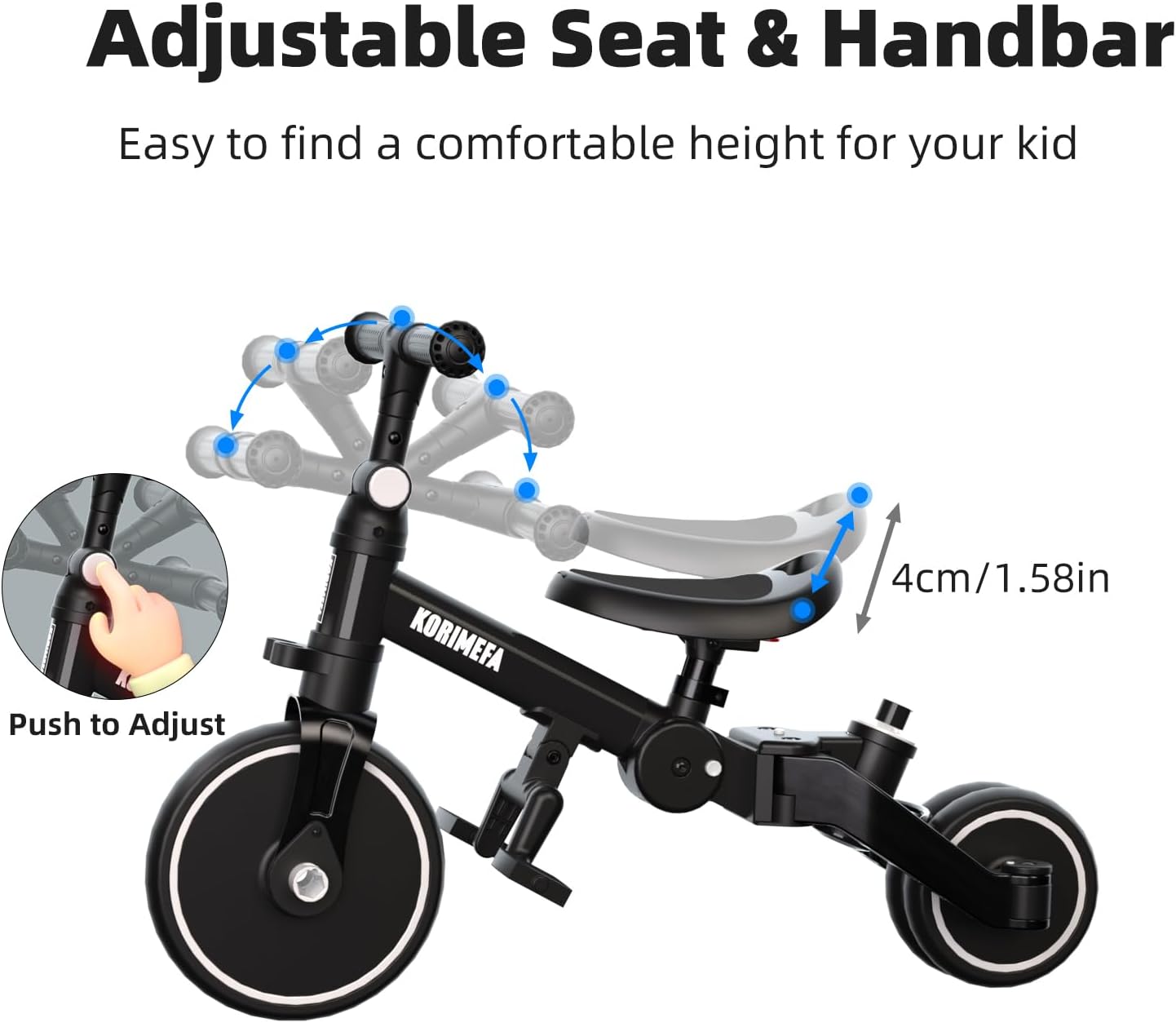 Thumbnail 3 de KORIMEFA triciclo 5-in-1 a 3 ruote per bambini 1-3 anni (con maniglia di spinta e pedali rimovibili) – Nero