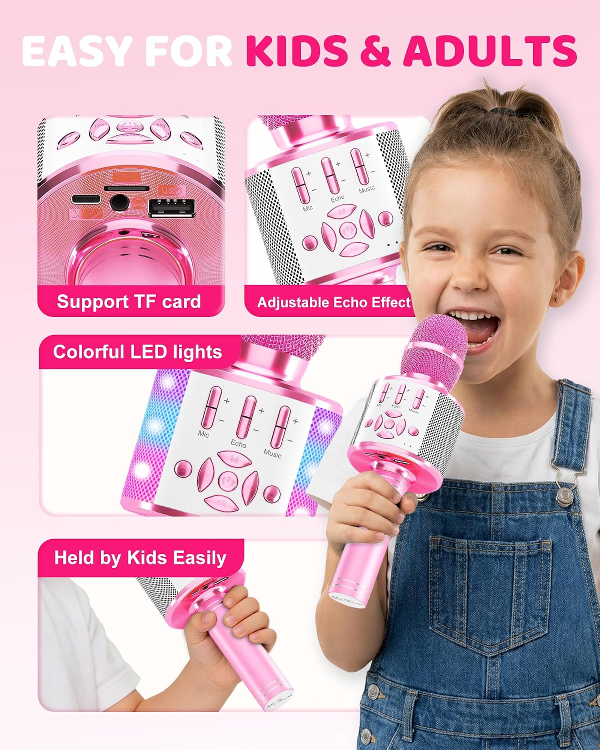 Thumbnail 5 de BONAOK Magic Sing: microfono karaoke wireless 4 in 1 in rosa chiaro, perfetto per feste in casa