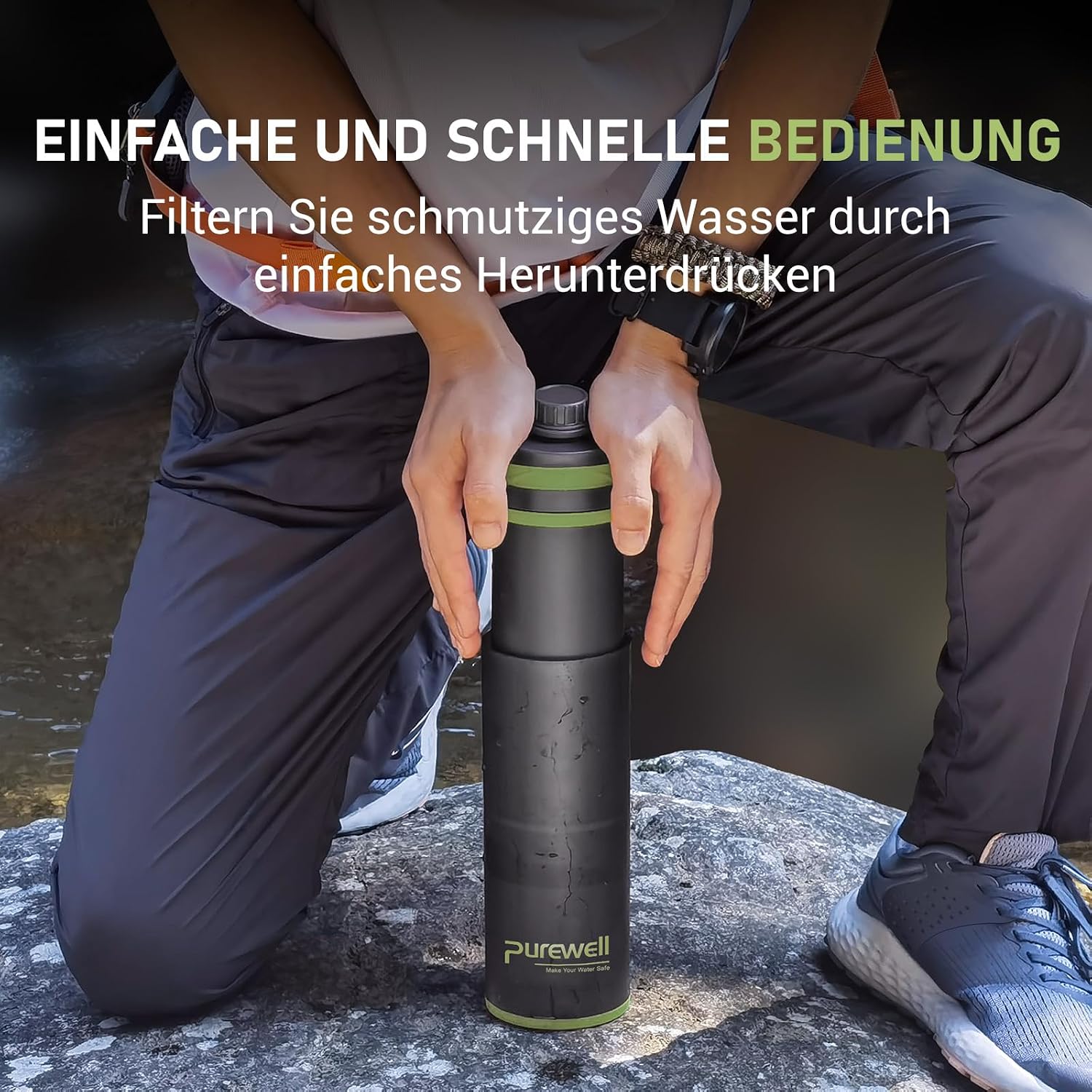 Detalle de Purewell Press-Filter-Flasche 500 ml – Trinkflasche mit Druck-Filtersystem und 0,01 µm UF-Membran