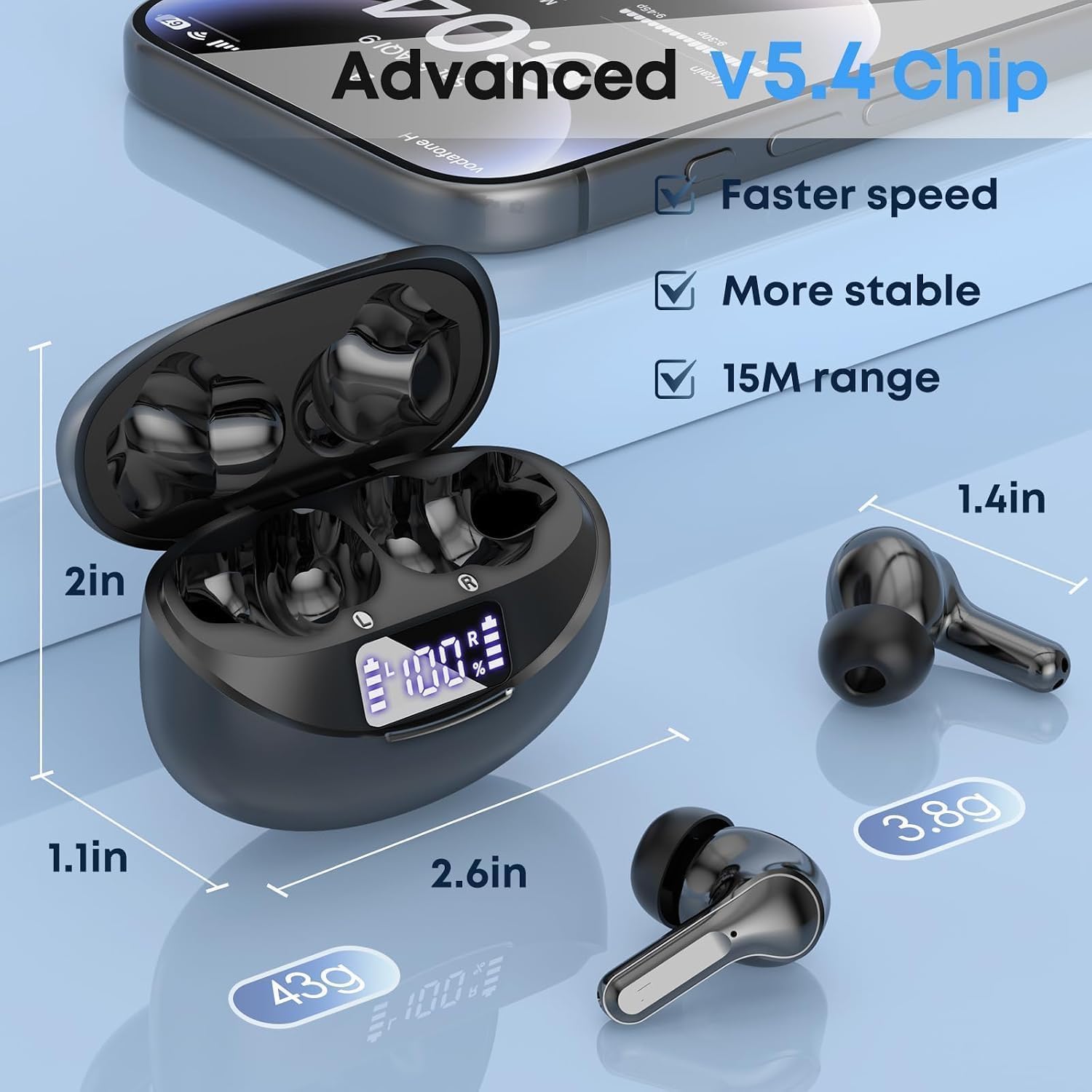 Detalle de Fhumsh i17 Wireless Earbuds, Bluetooth 5.4, LED Display and IPX7 Water Resistance