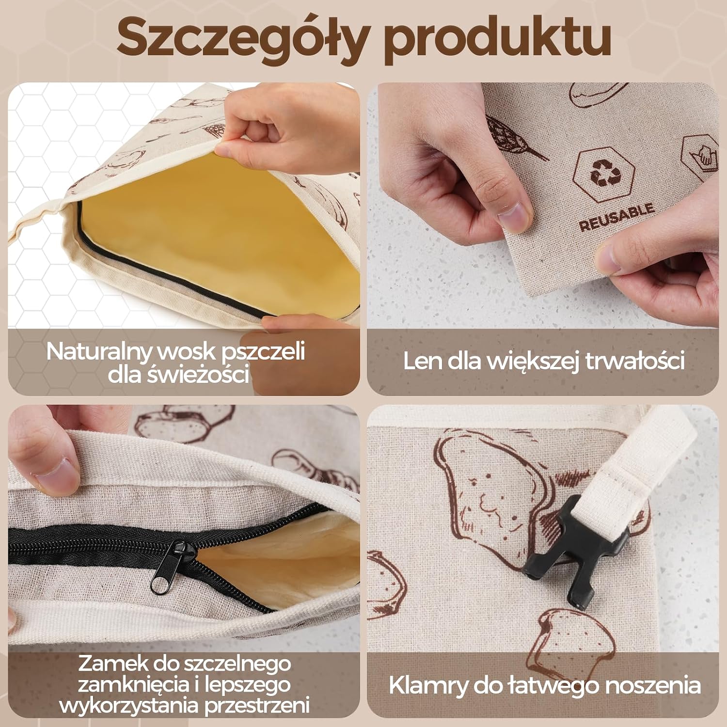 Detalle de YARRAMATE YM-AU-BRB-BBS-Z1 – lniane torby na chleb z woskiem pszczelim, 43 × 33 cm