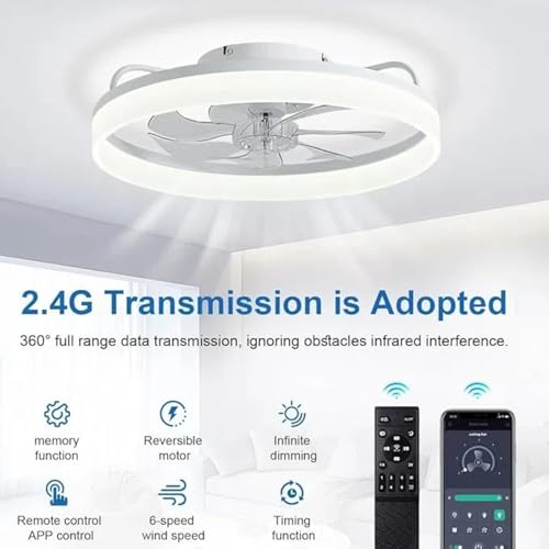 Detalle de DWDVBL 50 cm Ventilateur de Plafond silencieux avec lumière et télécommande – 6 vitesses, LED dimmable et direction réversible