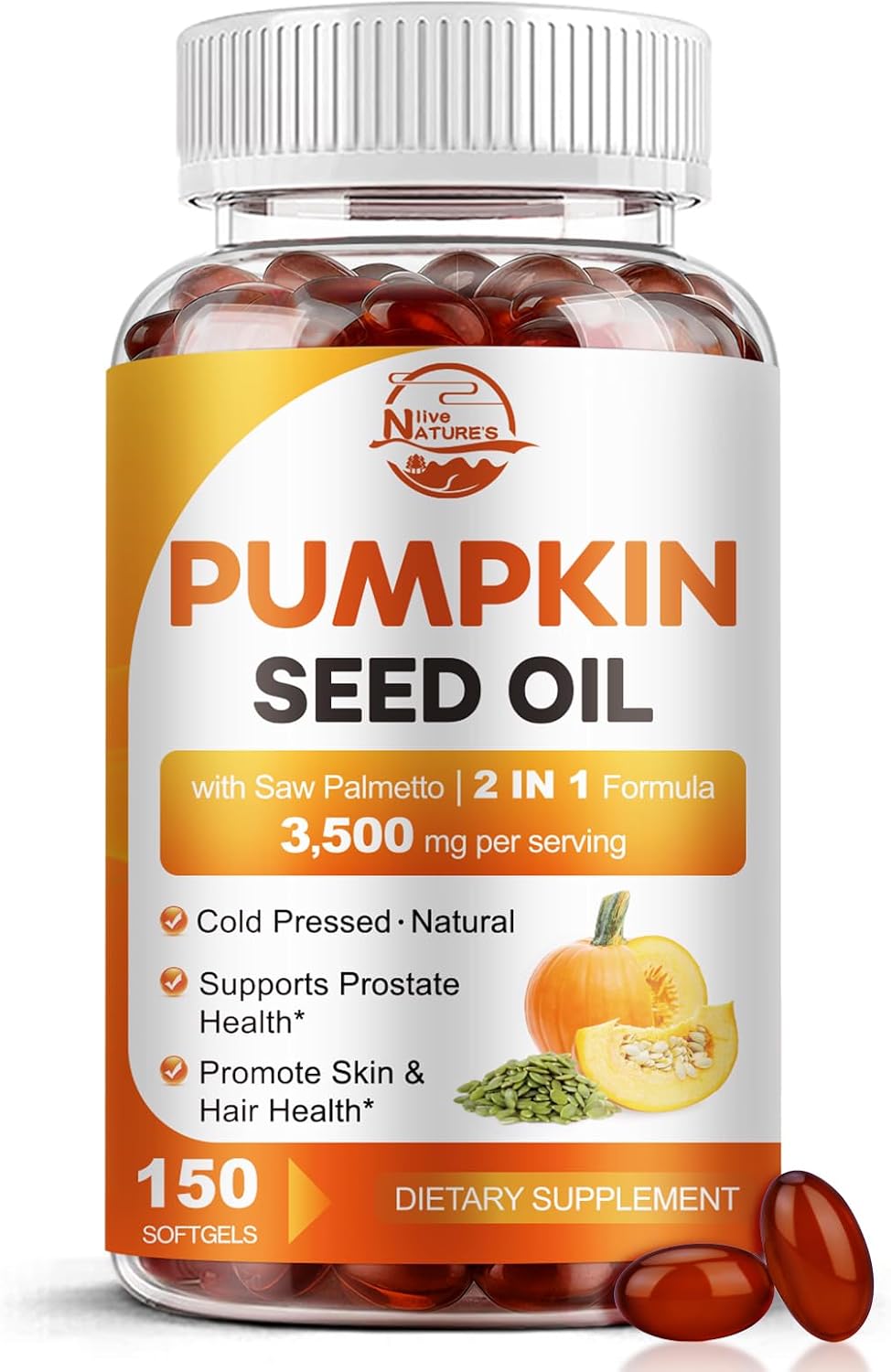 Detalle de Nature's live Pumpkin Seed Oil with Saw Palmetto Softgels, 3,500 mg