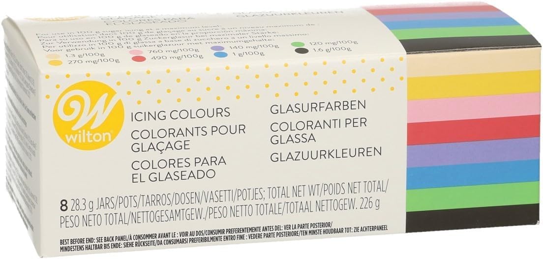 Thumbnail 2 de Set di coloranti alimentari concentrati Wilton (8 vasetti da 28 g): giallo dorato, viola, blu reale, rosso, rosa, verde foglia, avorio e nero