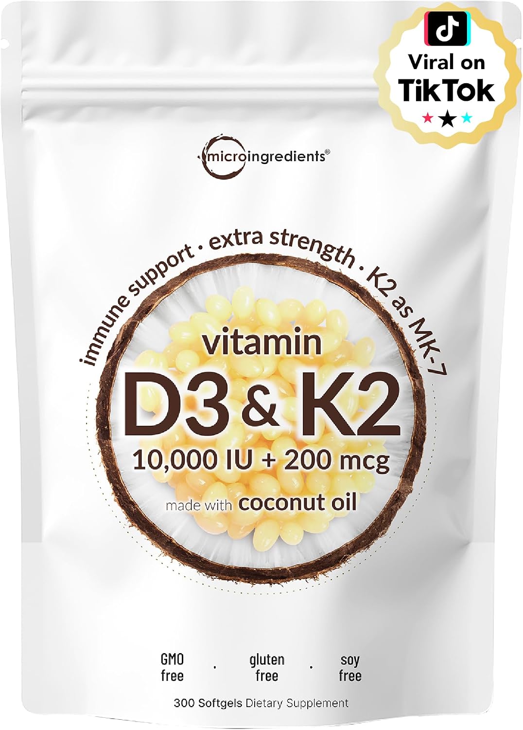 Detalle de Micro Ingredients Vitamin D3 + K2 Supplement, 300 Softgels