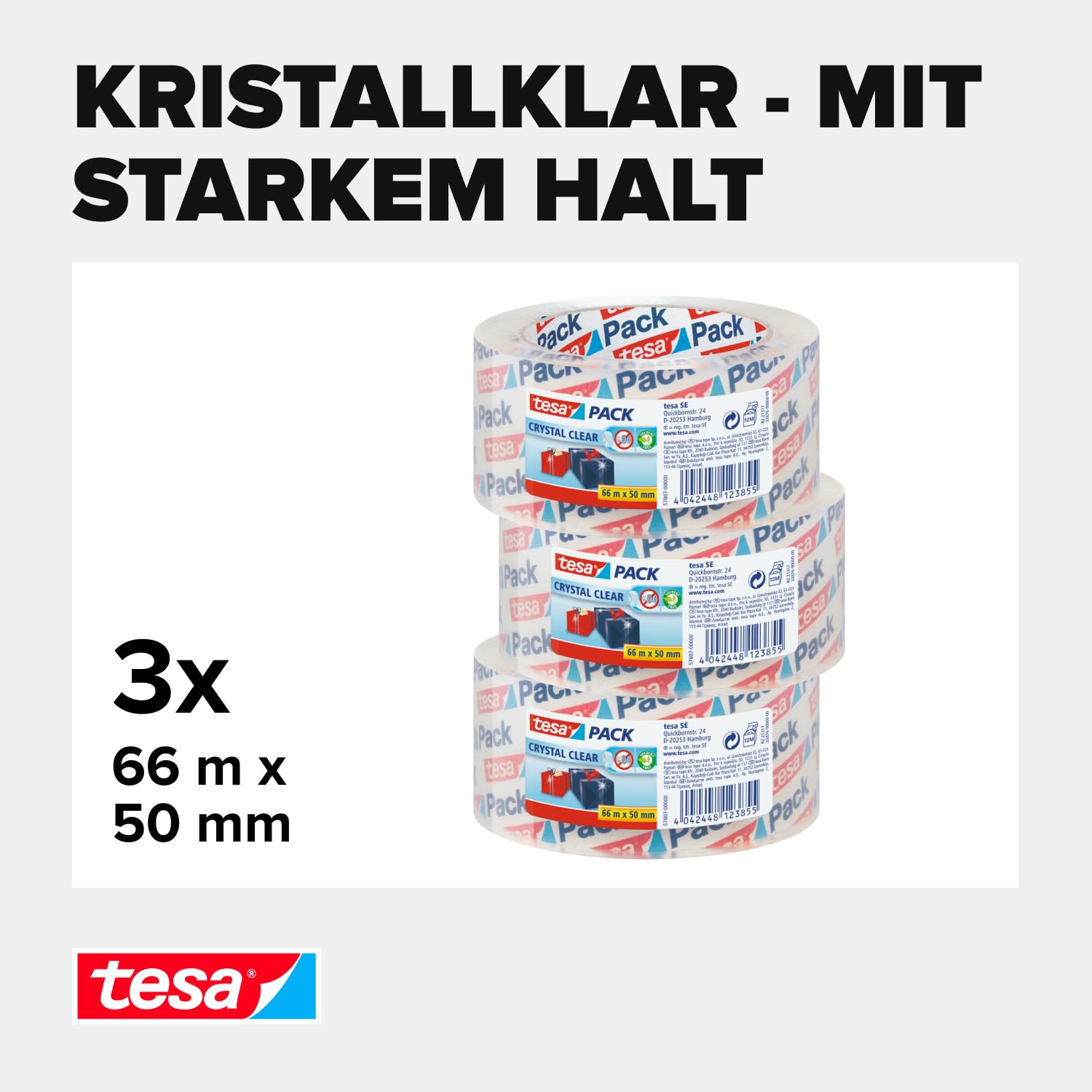 Detalle de tesa Packband Crystal Clear, kristallklar – 3 Rollen, 66 m x 50 mm