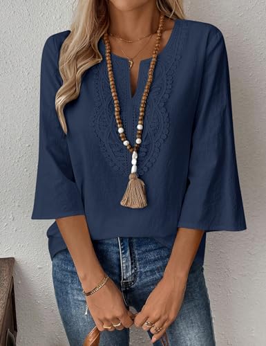 Thumbnail 1 de Rapbin Womens Tops Summer 3/4 Sleeve Cotton Linen Casual Loose Fit Blouses