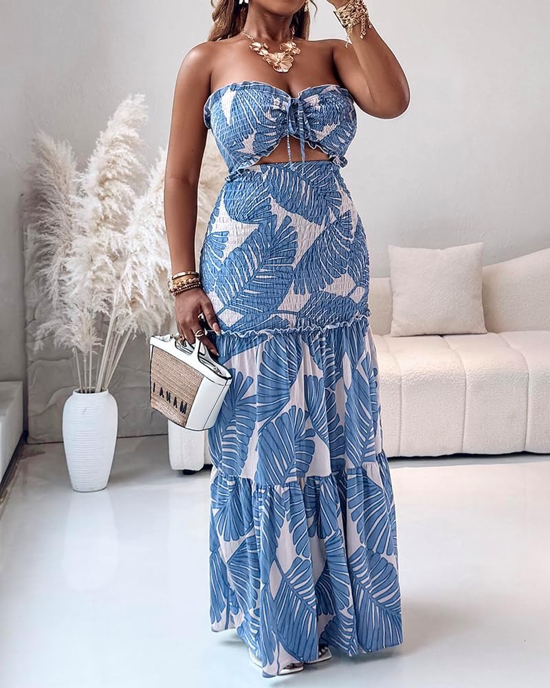 Detalle de CHICME Floral Printed Vacation Dress Halter Tie Ruched Shirred Bandeau Party Dress