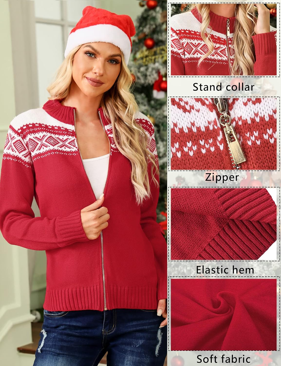 Detalle 2 de Sykooria Women’s Christmas Knit Cardigan with Reindeer & Snowflake Print (Open Front, Zip-Up) for Autumn/Winter