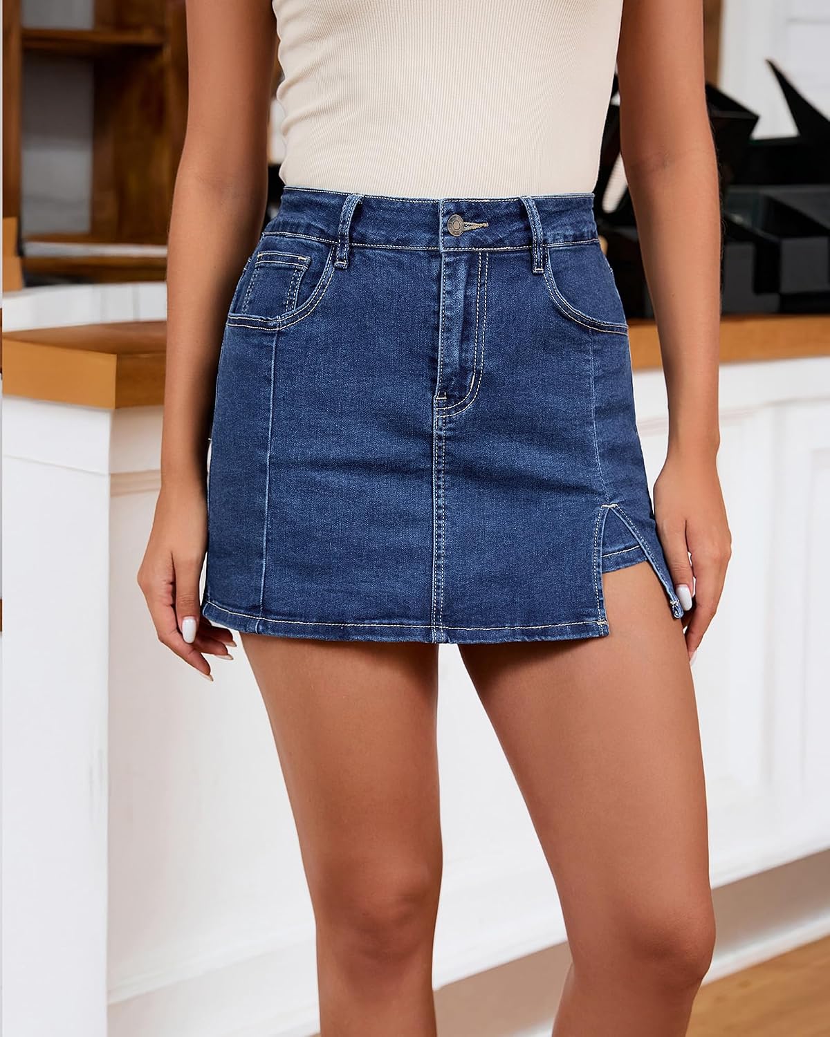Thumbnail 3 de Vetinee Jean Skorts for Women: High-Waisted Denim Skirt with Shorts (5-Pocket, Stretchy)