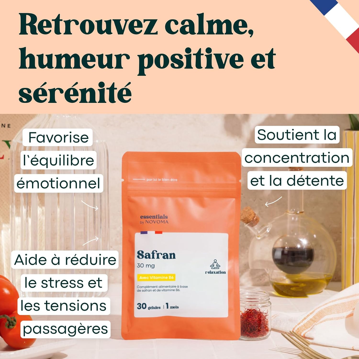 Thumbnail 1 de Essentials by Novoma Safran 30 mg Anti Stress Adulte – 30 gélules vegan