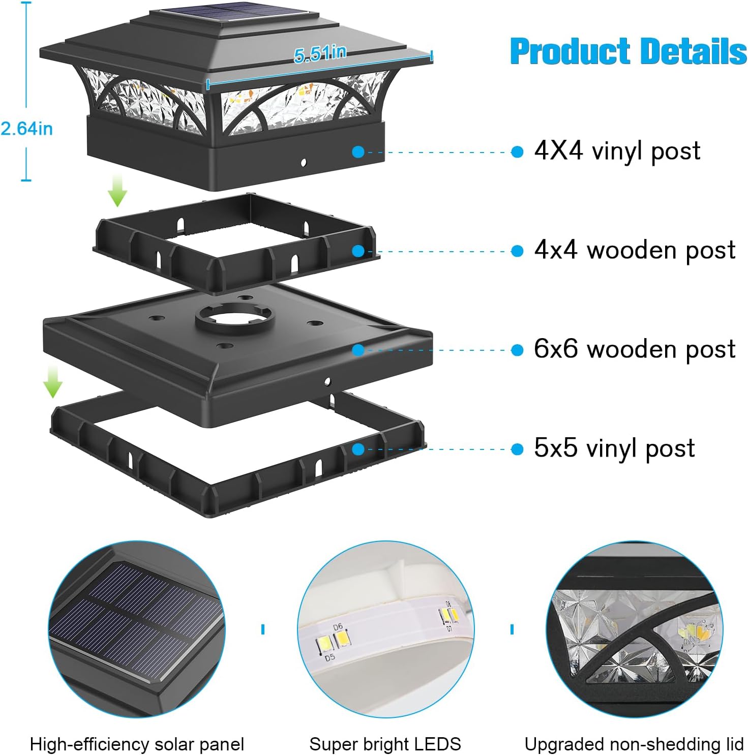 Detalle de JOFIOS TZ21 Solar Post Cap Lights, 12-Pack, 16 LEDs, 2 Modes, IP65