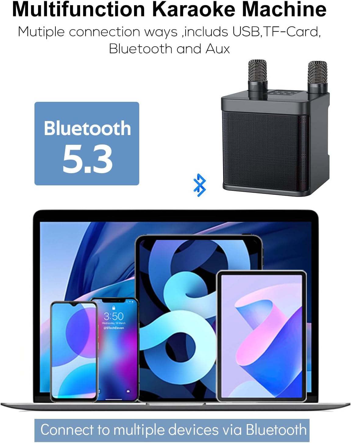 Detalle de MUMUWIND MMF-203B karaokeluidspreker met 2 draadloze microfoons, Bluetooth en USB