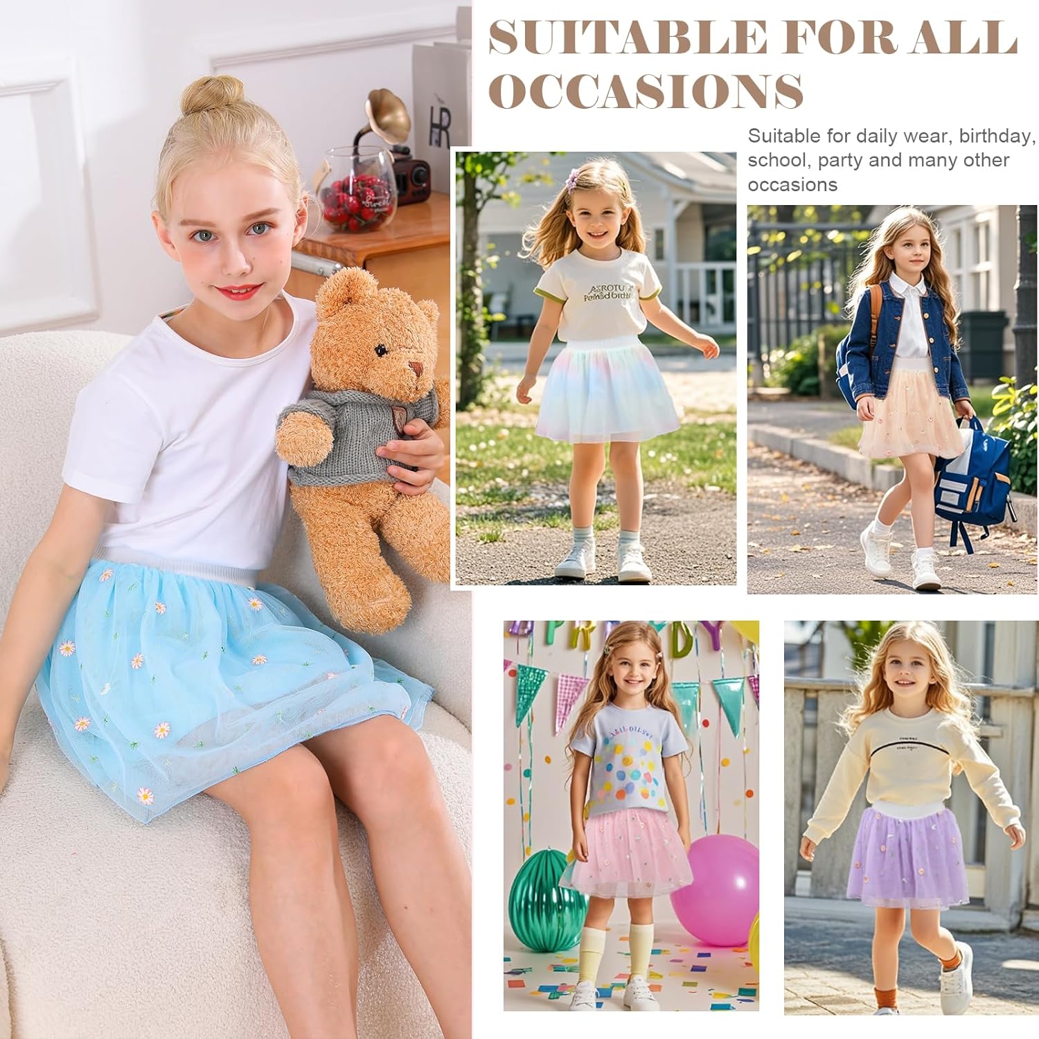 Detalle de Bezioner Girls’ Embroidered Tulle Skirt (4 Layers, Floral) with Lining