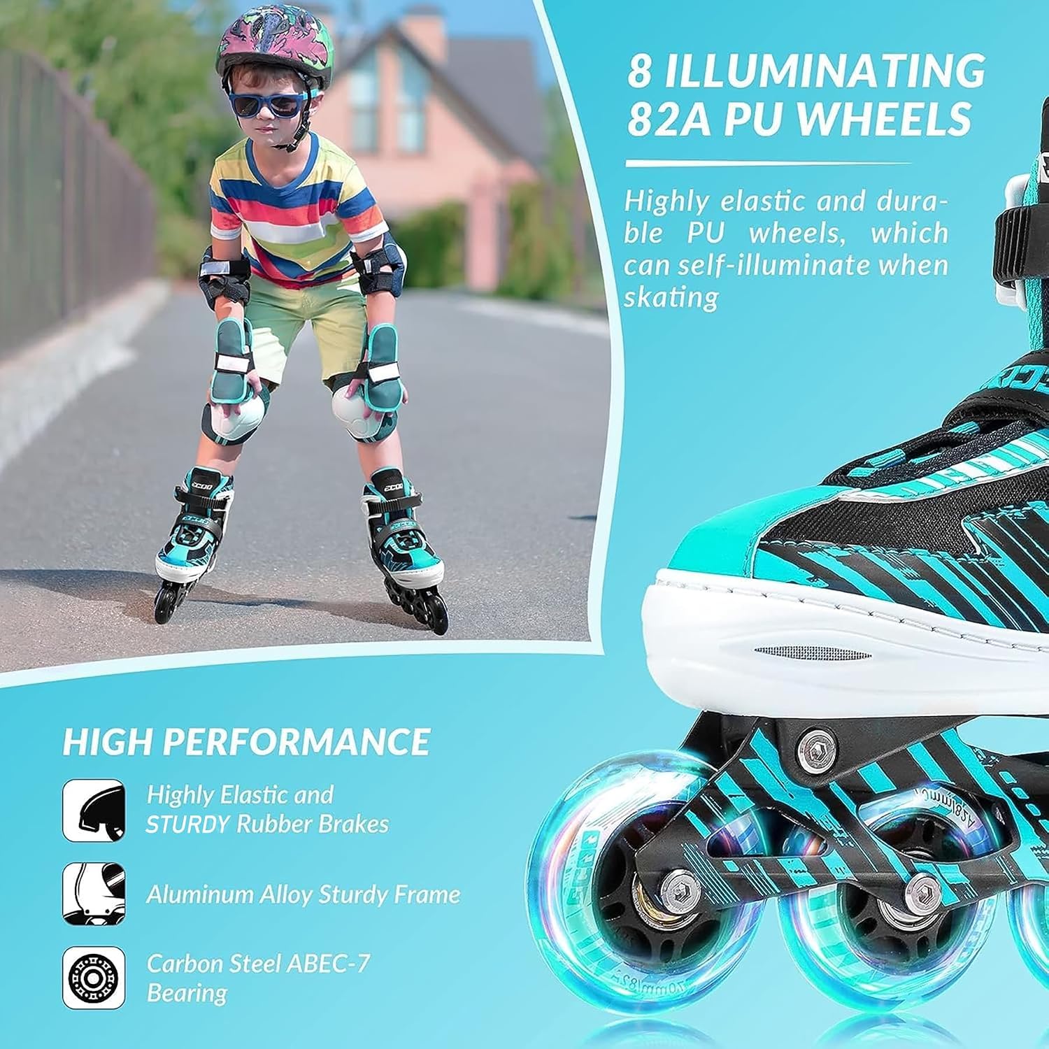 Detalle de ECOO Adjustable Inline Skates for Kids, Cyan, with 8 Light-Up Wheels