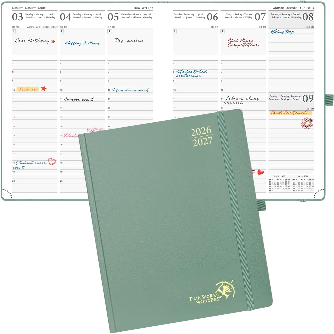 POPRUN Academic Diary 2026-2027 Hardback Week to View Large 17 Months — Midnight Green