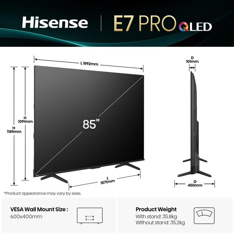 Detalle 2 de Hisense 85E77Q PRO: TV QLED 85" 4K con 144 Hz, HDR10+, Dolby Vision y VIDAA