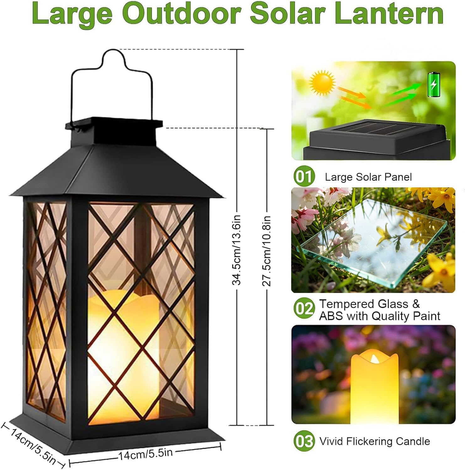 Thumbnail 3 de Yowin 35cm Solar Lanterns for Outside (2 Pack) – Large Hanging Lanterns for Garden, IP44, Tempered Glass