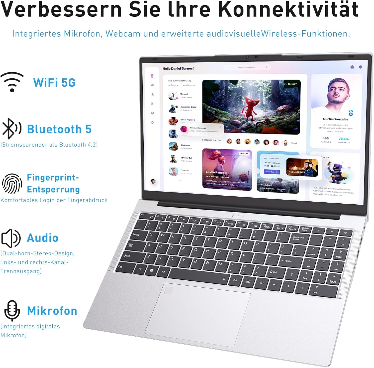Detalle 2 de Auusda Laptop 15,6 Zoll – 32 GB RAM, 1 TB SSD, Fingerabdrucksensor, beleuchtete Tastatur