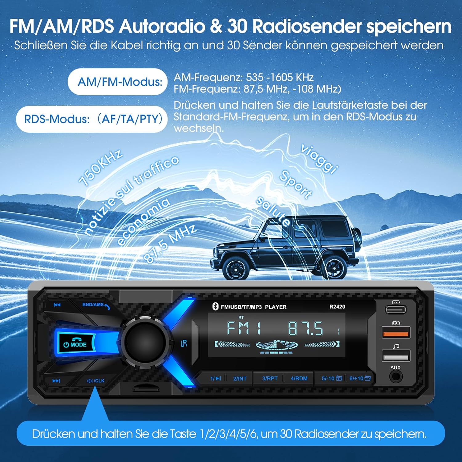 Thumbnail 3 de CENXINY RDS 1-DIN Bluetooth Autoradio mit Bluetooth 5.0, DSP & Typ-C-Ladeanschluss (RDS, 30 Sender)